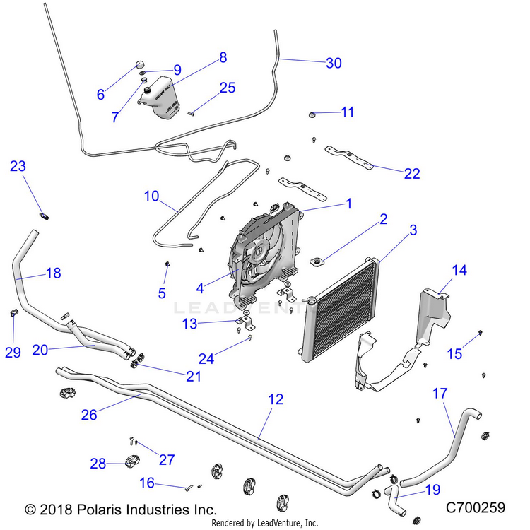 An Image of a Genuine Polaris Parts Schematic Diagram showing the schematic - ENGINE: COOLING SYSTEM - 2022 POLARIS RANGER CREW XP 1000 WATERFOWL EVAP