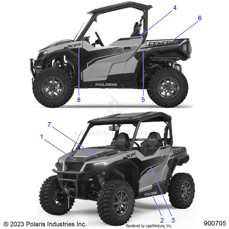 An Image of a Genuine Polaris Parts Schematic Diagram showing the schematic - BODY: DECALS - 2024 POLARIS GENERAL XP 1000 ULTIMATE