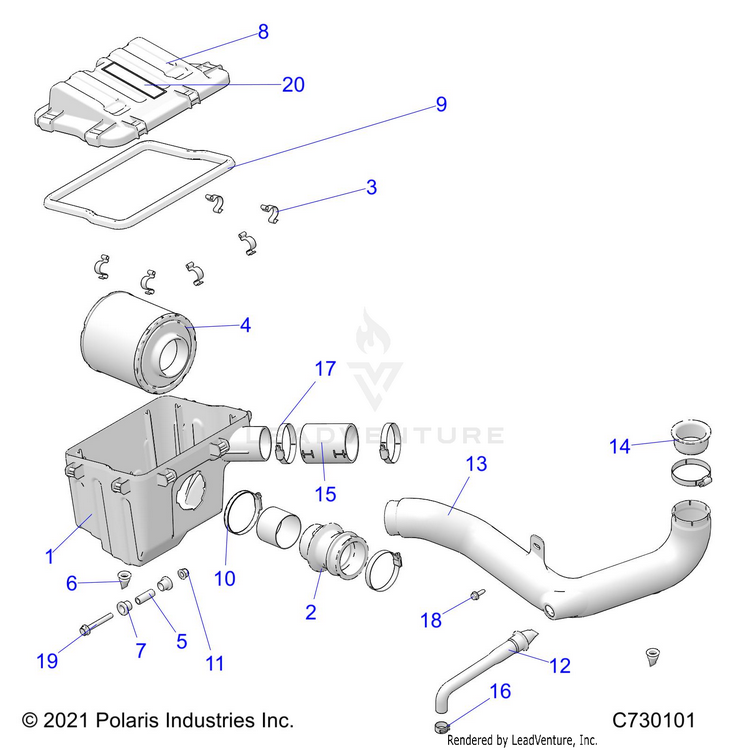 An Image of a Genuine Polaris Parts Schematic Diagram showing the schematic - ENGINE: AIR INTAKE SYSTEM - 2023 POLARIS RANGER 570 NORTHSTAR
