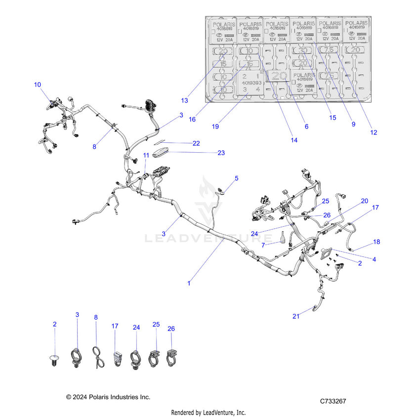 An Image of a Genuine Polaris Parts Schematic Diagram showing the schematic - ELECTRICAL: WIRE HARNESS - 2025 POLARIS RANGER 1000 XP CREW TEXAS EDITION
