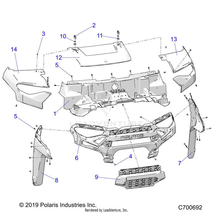 An Image of a Genuine Polaris Parts Schematic Diagram showing the schematic - BODY: HOOD & FRONT FACIA - 2020 POLARIS RANGER XP 1000 WINTER PREP FACTORY CHOICE