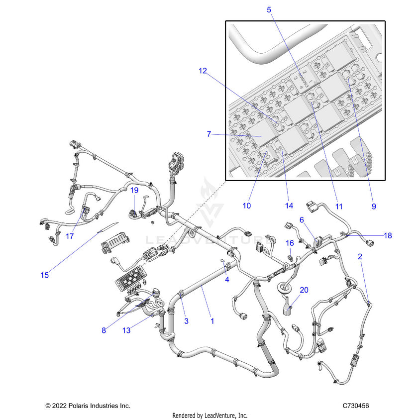 An Image of a Genuine Polaris Parts Schematic Diagram showing the schematic - ELECTRICAL: WIRE HARNESS - 2025 POLARIS RANGER 570