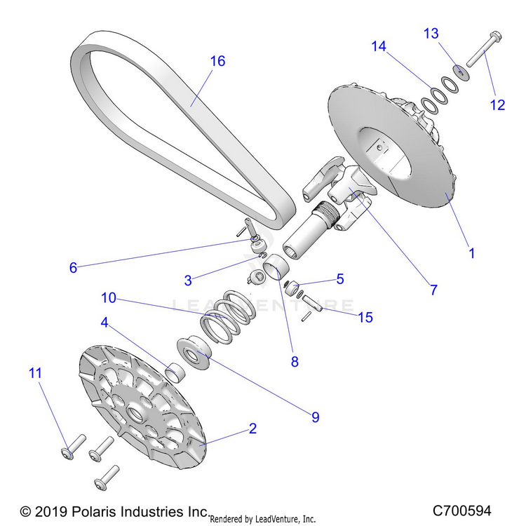 An Image of a Genuine Polaris Parts Schematic Diagram showing the schematic - DRIVE TRAIN: SECONDARY CLUTCH - 2022 POLARIS RANGER CREW 570 RIDE COMMAND
