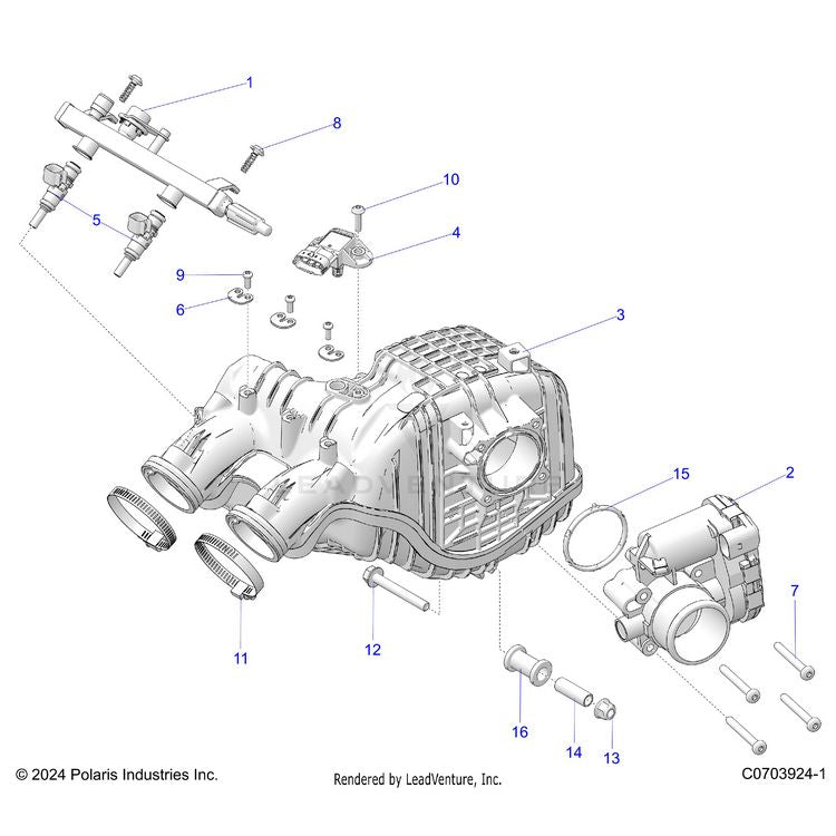 An Image of a Genuine Polaris Parts Schematic Diagram showing the schematic - ENGINE: AIR INTAKE MANIFOLD THROTTLE BODY FUEL RAIL - 2023 POLARIS GENERAL XP 4 1000 SPORT