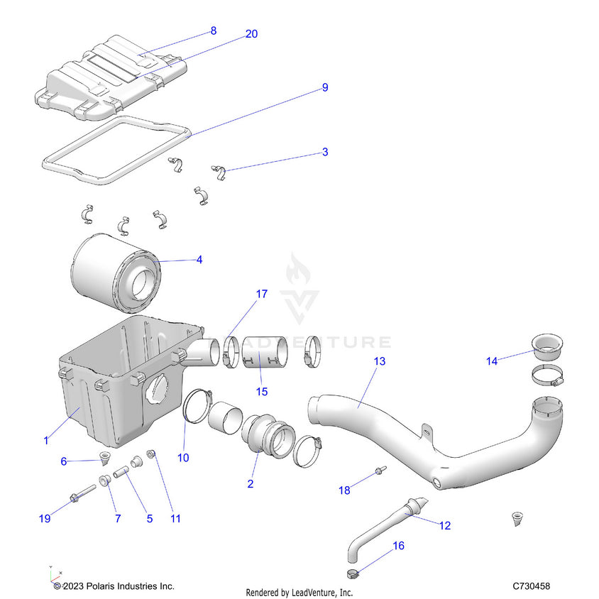 An Image of a Genuine Polaris Parts Schematic Diagram showing the schematic - ENGINE: AIR INTAKE SYSTEM - 2023 POLARIS RANGER 570 / PREMIUM