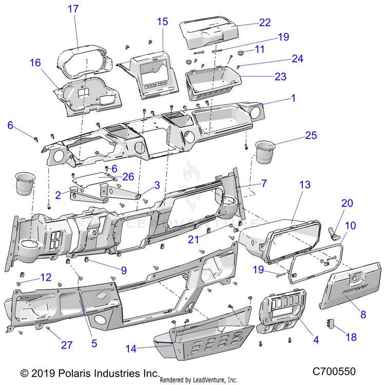 An Image of a Genuine Polaris Parts Schematic Diagram showing the schematic - BODY: DASH RC - 2019 POLARIS RANGER XP 1000 NORTHSTAR FACTORY CHOICE
