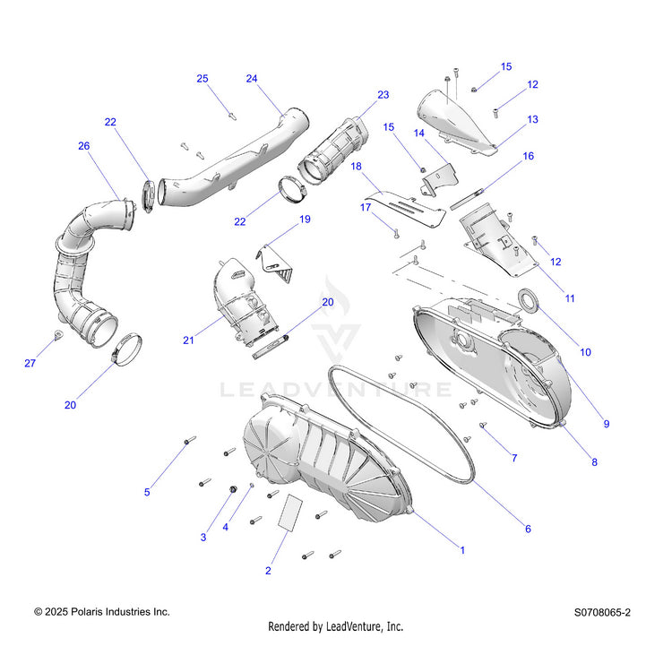 An Image of a Genuine Polaris Parts Schematic Diagram showing the schematic - DRIVE TRAIN: CLUTCH COVER & DUCTING - 2026 POLARIS RANGER 1000 CREW