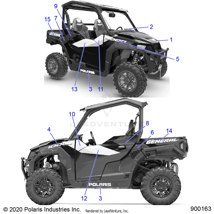 An Image of a Genuine Polaris Parts Schematic Diagram showing the schematic - BODY: DECALS - 2020 POLARIS GENERAL 1000 DELUXE RIDE COMMAND