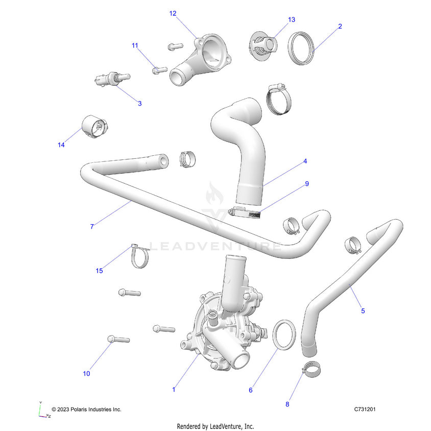 An Image of a Genuine Polaris Parts Schematic Diagram showing the schematic - ENGINE: WATERPUMP & BYPASS - 2025 POLARIS RANGER 1000