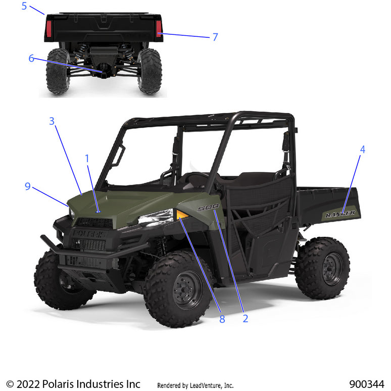 An Image of a Genuine Polaris Parts Schematic Diagram showing the schematic - BODY: DECALS GRAPHICS - 2022 POLARIS RANGER 500
