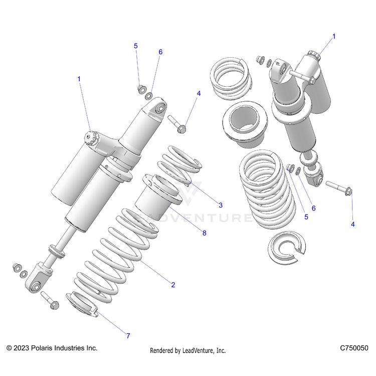 An Image of a Genuine Polaris Parts Schematic Diagram showing the schematic - SUSPENSION: REAR SHOCK MOUNTING - 2025 POLARIS GENERAL XP 1000 PREMIUM
