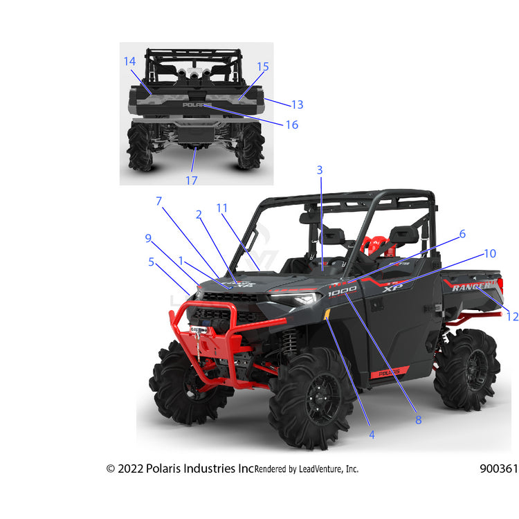 An Image of a Genuine Polaris Parts Schematic Diagram showing the schematic - BODY: DECALS GRAPHIC - 2022 POLARIS RANGER XP 1000 HIGH LIFTER