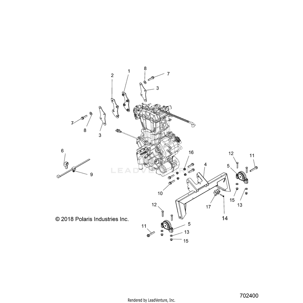 An Image of a Genuine Polaris Parts Schematic Diagram showing the schematic - ENGINE: TRANSMISSION MOUNTING & LONG BLOCK - 2019 POLARIS RANGER 570