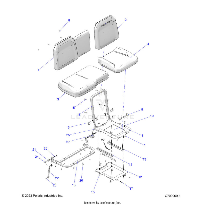 An Image of a Genuine Polaris Parts Schematic Diagram showing the schematic - BODY: SEAT & SLIDER - 2025 POLARIS RANGER 1000 XP NORTHSTAR PREMIUM