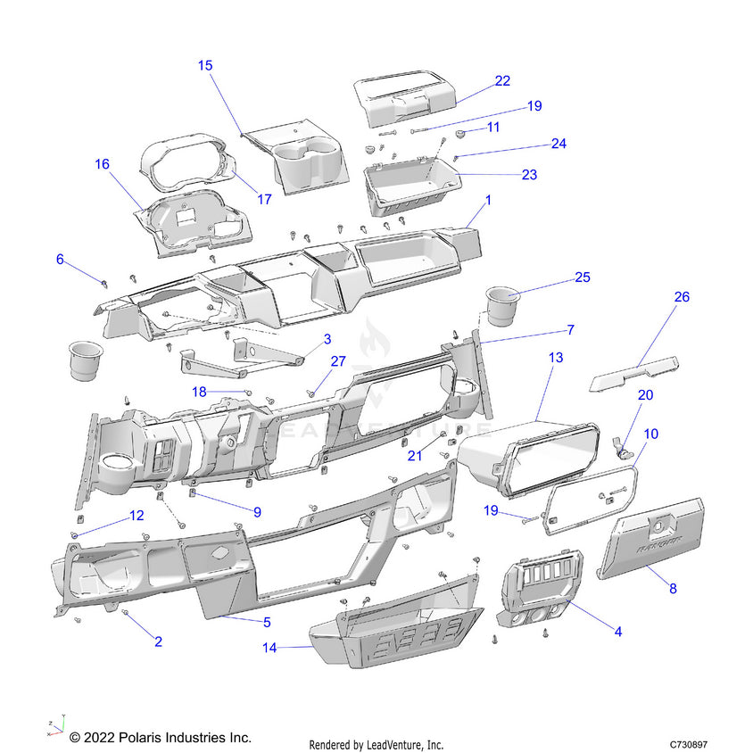 An Image of a Genuine Polaris Parts Schematic Diagram showing the schematic - BODY: DASH - 2023 POLARIS RANGER CREW XP 1000 PREMIUM