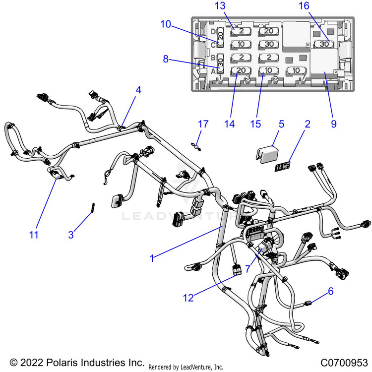 An Image of a Genuine Polaris Parts Schematic Diagram showing the schematic - ELECTRICAL: WIRE HARNESSES CHASSIS - 2022 POLARIS RANGER EV