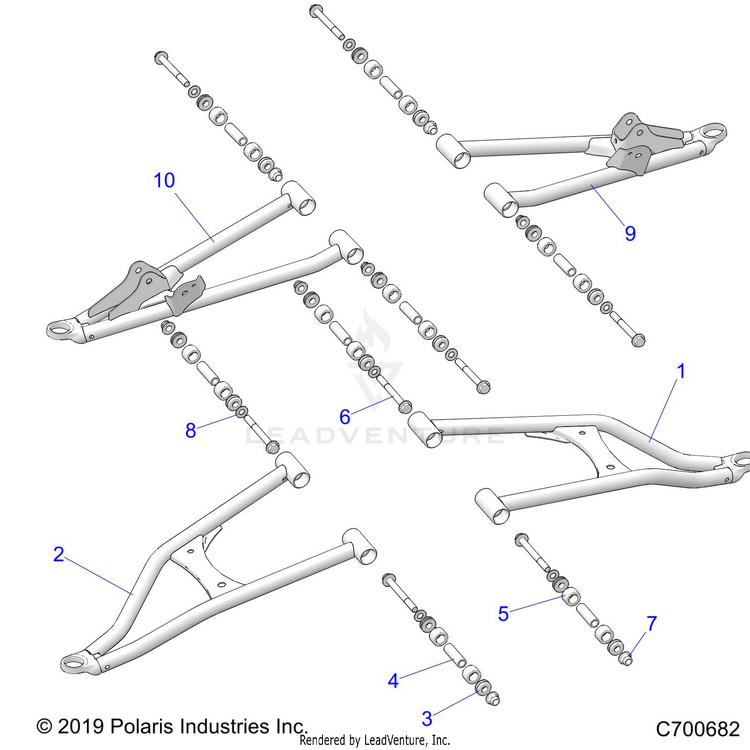 An Image of a Genuine Polaris Parts Schematic Diagram showing the schematic - SUSPENSION: FRONT CONTROL ARMS - 2025 POLARIS RANGER 1000 XP CREW NORTHSTAR TEXAS EDITION