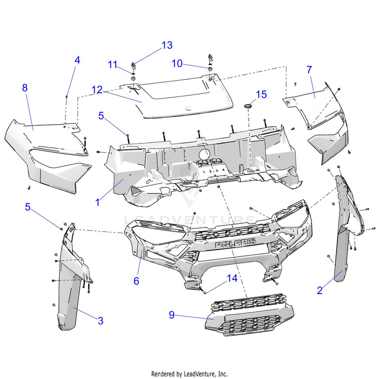 An Image of a Genuine Polaris Parts Schematic Diagram showing the schematic - BODY: HOOD & FRONT FACIA - 2022 POLARIS RANGER XP 1000