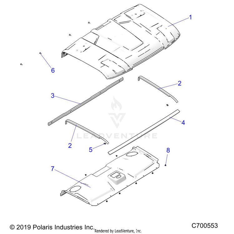 An Image of a Genuine Polaris Parts Schematic Diagram showing the schematic - BODY: ROOF (PREM PREP AUDIO) - 2019 POLARIS RANGER 1000 FACTORY CHOICE