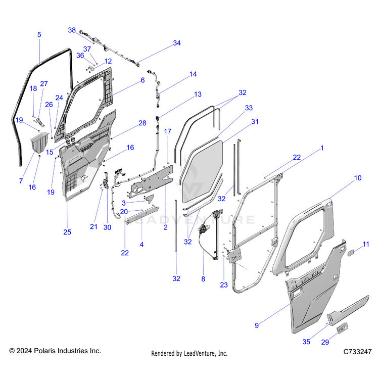 An Image of a Genuine Polaris Parts Schematic Diagram showing the schematic - BODY: DOOR FULL POWER - 2025 POLARIS RANGER 1000 XP CREW NORTHSTAR ULTIMATE