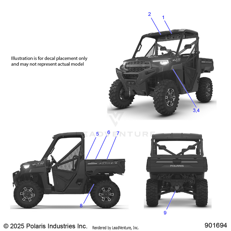 An Image of a Genuine Polaris Parts Schematic Diagram showing the schematic - BODY: DECALS GENERAL - 2026 POLARIS RANGER 1000 XP PREMIUM
