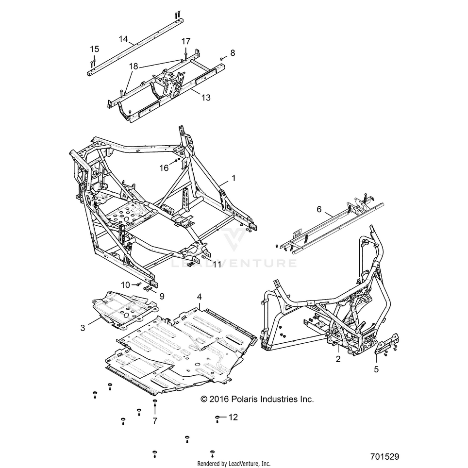 An Image of a Genuine Polaris Parts Schematic Diagram showing the schematic - CHASSIS: MAIN FRAME AND SKID PLATES - 2018 POLARIS GENERAL 1000 EPS