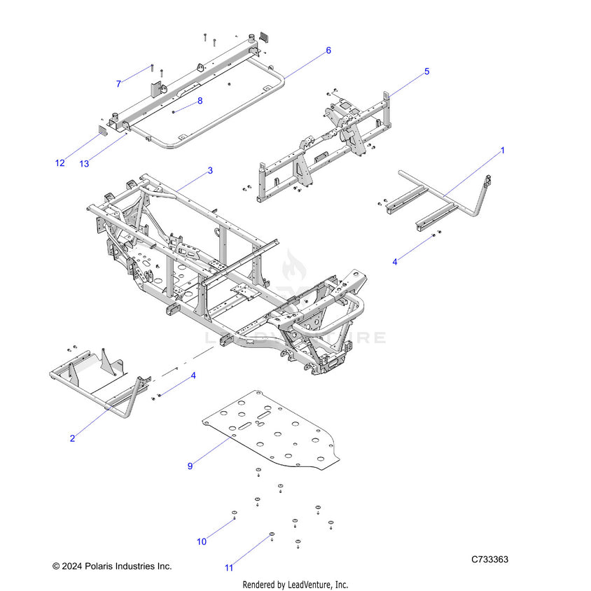 An Image of a Genuine Polaris Parts Schematic Diagram showing the schematic - CHASSIS: FRAME - 2025 POLARIS RANGER 570 FULL SIZE