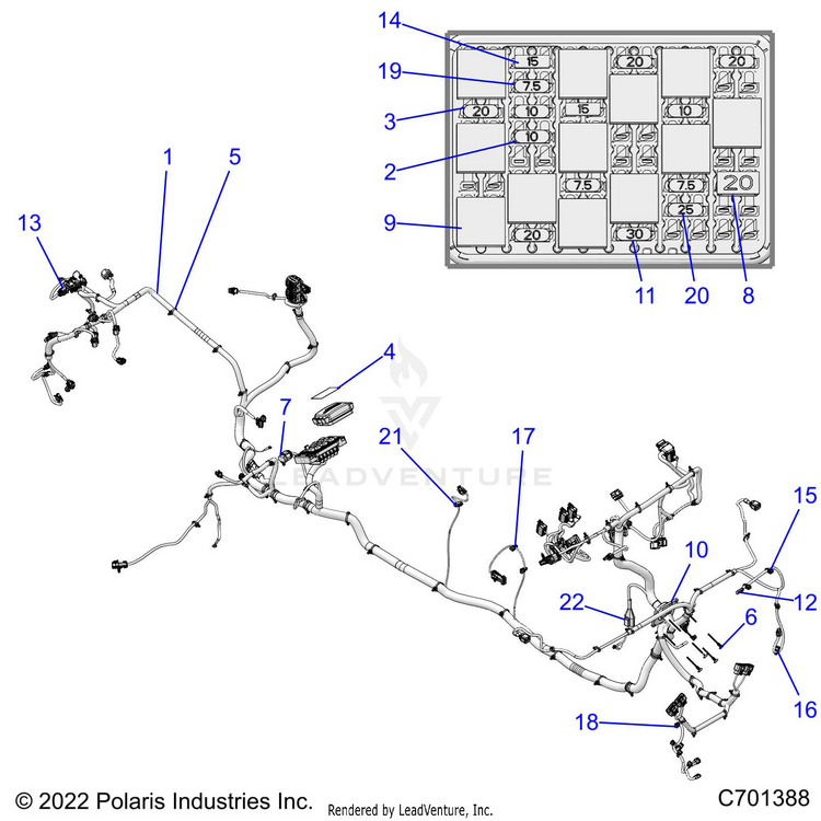 An Image of a Genuine Polaris Parts Schematic Diagram showing the schematic - ELECTRICAL: WIRE HARNESS - 2022 POLARIS RANGER CREW XP 1000 TRAIL BOSS EVAP