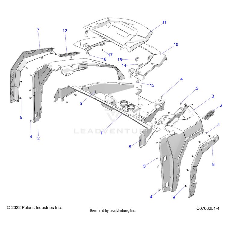 An Image of a Genuine Polaris Parts Schematic Diagram showing the schematic - BODY: HOOD AND FRONT FENDER - 2026 POLARIS GENERAL 1000 SPORT
