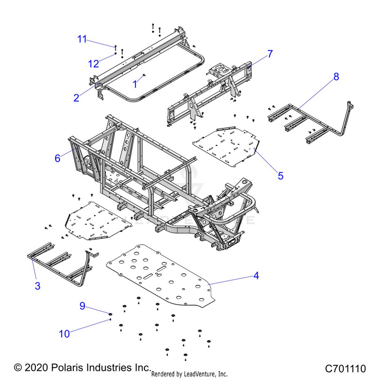 An Image of a Genuine Polaris Parts Schematic Diagram showing the schematic - CHASSIS: FRAME - 2021 POLARIS RANGER EV