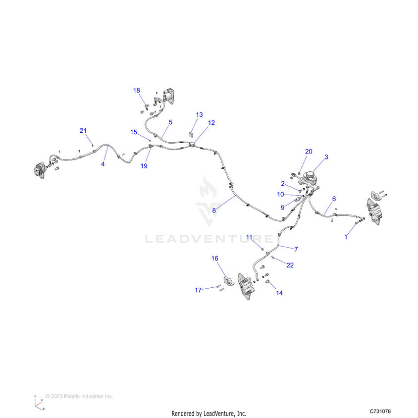 An Image of a Genuine Polaris Parts Schematic Diagram showing the schematic - BRAKES: BRAKE LINES & MASTER CYLINDER - 2023 POLARIS RANGER EV FULL SIZE ULTIMATE