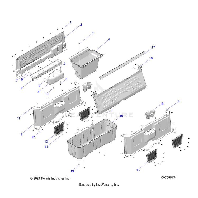 An Image of a Genuine Polaris Parts Schematic Diagram showing the schematic - BODY: FLOOR CLOSEOFFS & BIN - 2022 POLARIS RANGER CREW 570