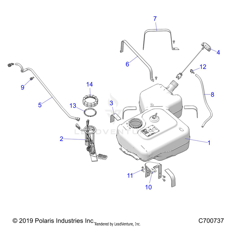 An Image of a Genuine Polaris Parts Schematic Diagram showing the schematic - BODY: FUEL TANK - 2021 POLARIS RANGER XP 1000 NORTHSTAR