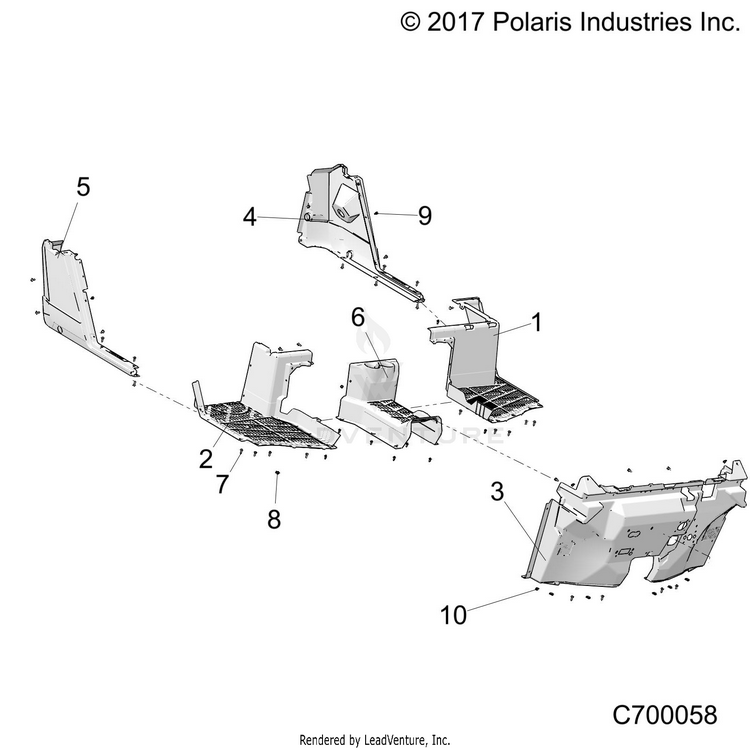 An Image of a Genuine Polaris Parts Schematic Diagram showing the schematic - BODY: FLOOR & ROCKER - 2019 POLARIS RANGER XP 1000 EPS