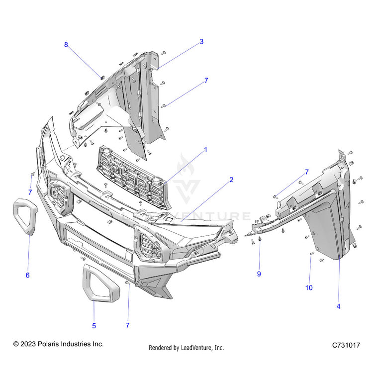 An Image of a Genuine Polaris Parts Schematic Diagram showing the schematic - BODY: FRONT FASCIA GRILLE & FLARES - 2024 POLARIS RANGER XD 1500 PREMIUM CREW