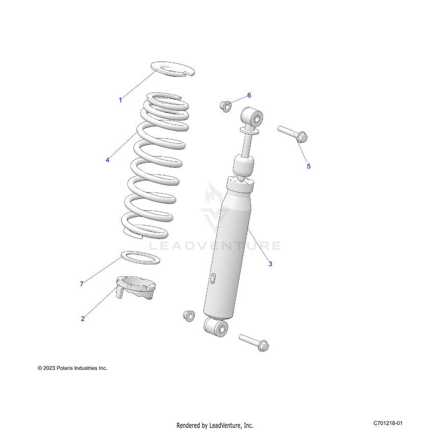 An Image of a Genuine Polaris Parts Schematic Diagram showing the schematic - SUSPENSION: FRONT SHOCK MOUNTING - 2025 POLARIS RANGER 1000 XP CREW WATERFOWL