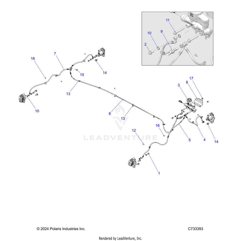 An Image of a Genuine Polaris Parts Schematic Diagram showing the schematic - BRAKES: BRAKE LINES & MASTER CYLINDER - 2025 POLARIS RANGER 570 PREMIUM