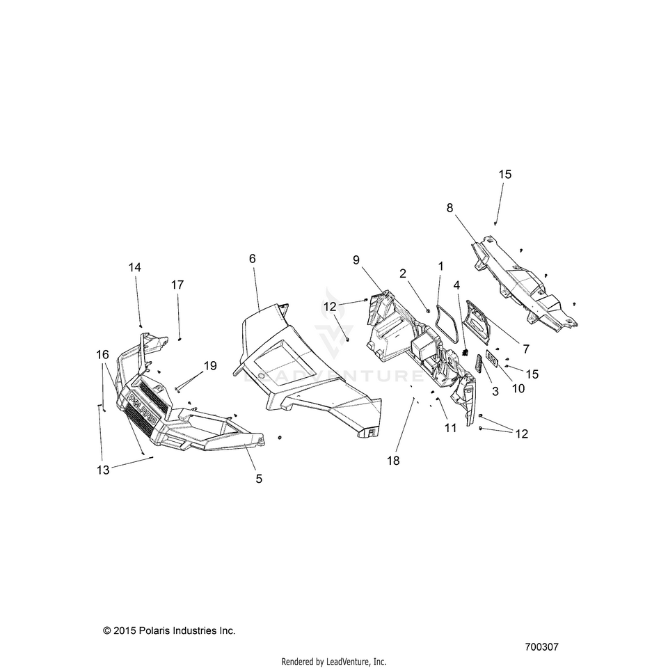 An Image of a Genuine Polaris Parts Schematic Diagram showing the schematic - BODY: HOOD DASH & GRILL - 2017 POLARIS RANGER EV