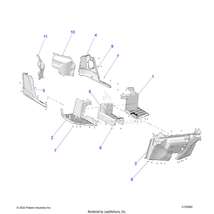 An Image of a Genuine Polaris Parts Schematic Diagram showing the schematic - BODY: FLOOR & ROCKER - 2024 POLARIS RANGER EV FULL SIZE PREMIUM
