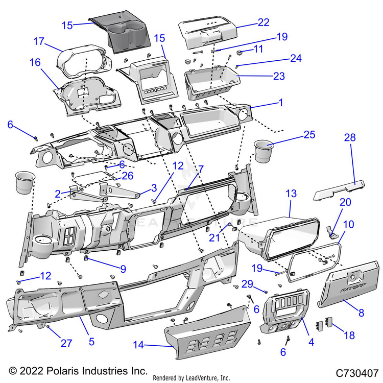 An Image of a Genuine Polaris Parts Schematic Diagram showing the schematic - BODY: DASH - 2023 POLARIS RANGER XP 1000 NORTHSTAR ULTIMATE TRAIL BOSS