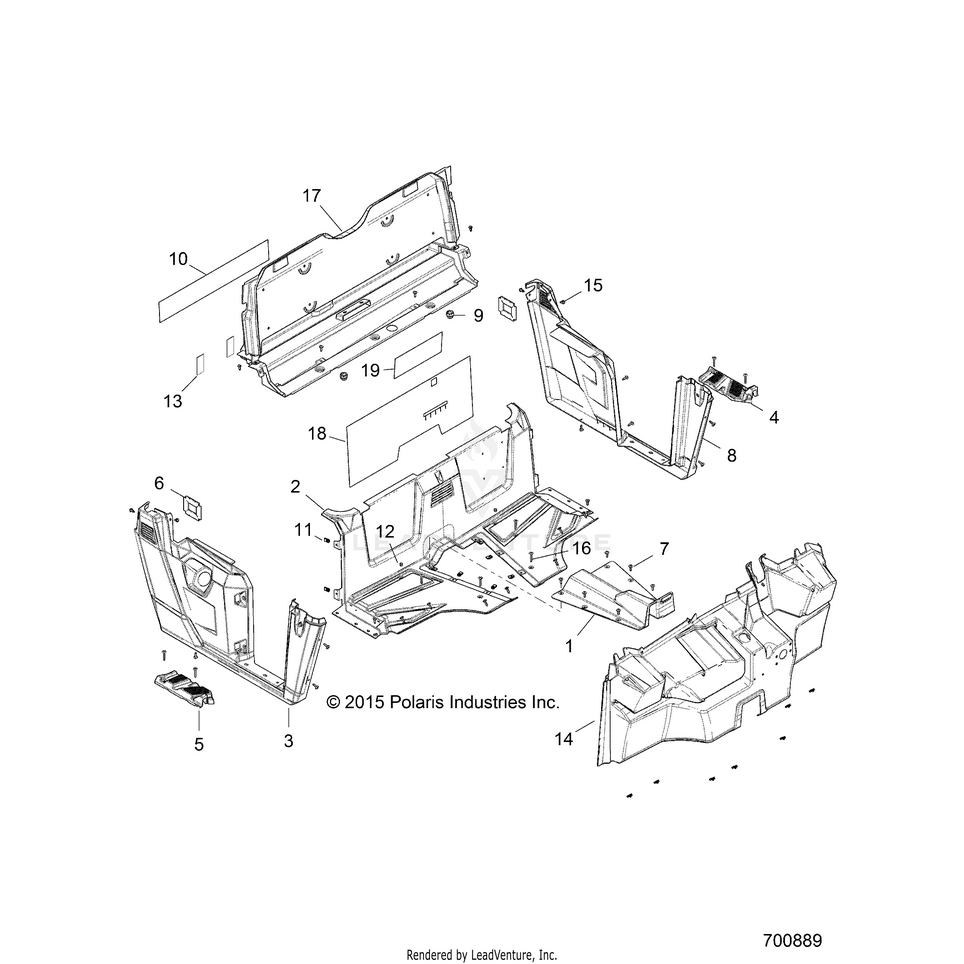 An Image of a Genuine Polaris Parts Schematic Diagram showing the schematic - BODY: FLOOR & FENDERS - 2017 POLARIS RANGER 570 EPS HDPE