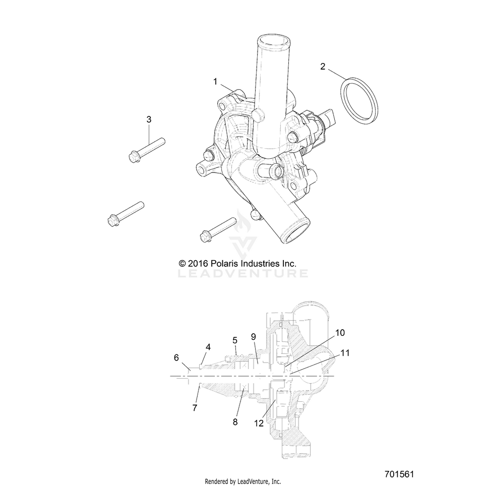 An Image of a Genuine Polaris Parts Schematic Diagram showing the schematic - ENGINE: COOLING WATERPUMP - 2016 POLARIS RANGER 900 XP
