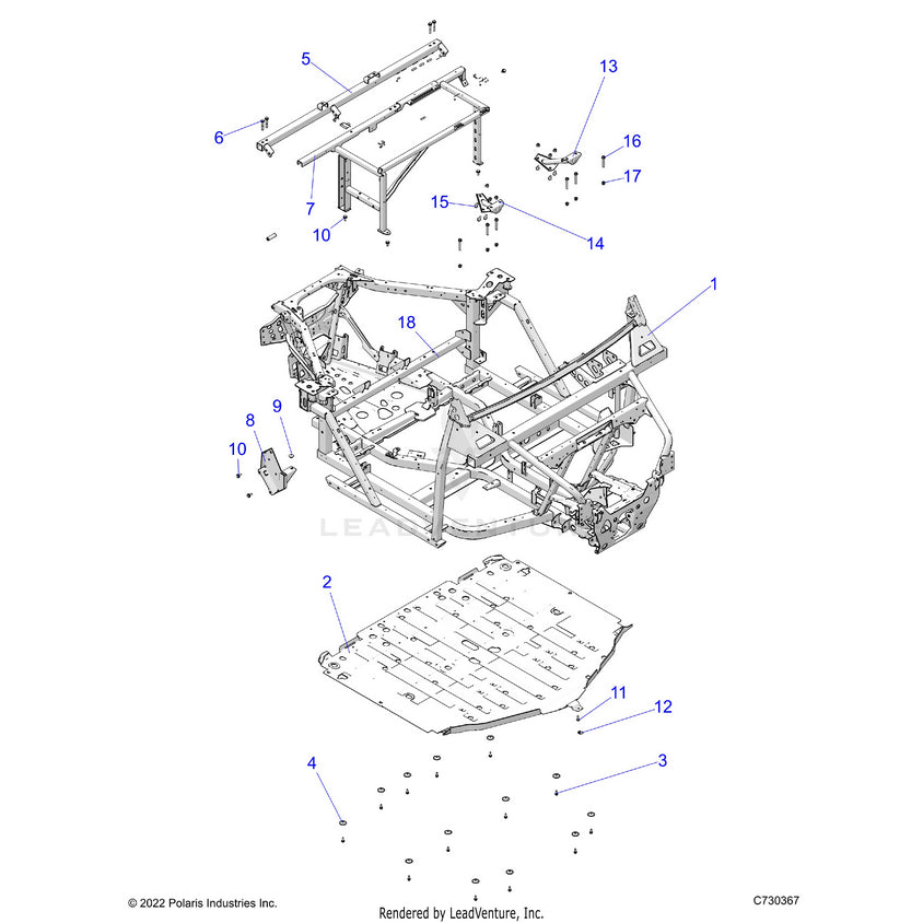 An Image of a Genuine Polaris Parts Schematic Diagram showing the schematic - CHASSIS: MAIN FRAME & SKID PLATES - 2024 POLARIS RANGER EV FULL SIZE ULTIMATE