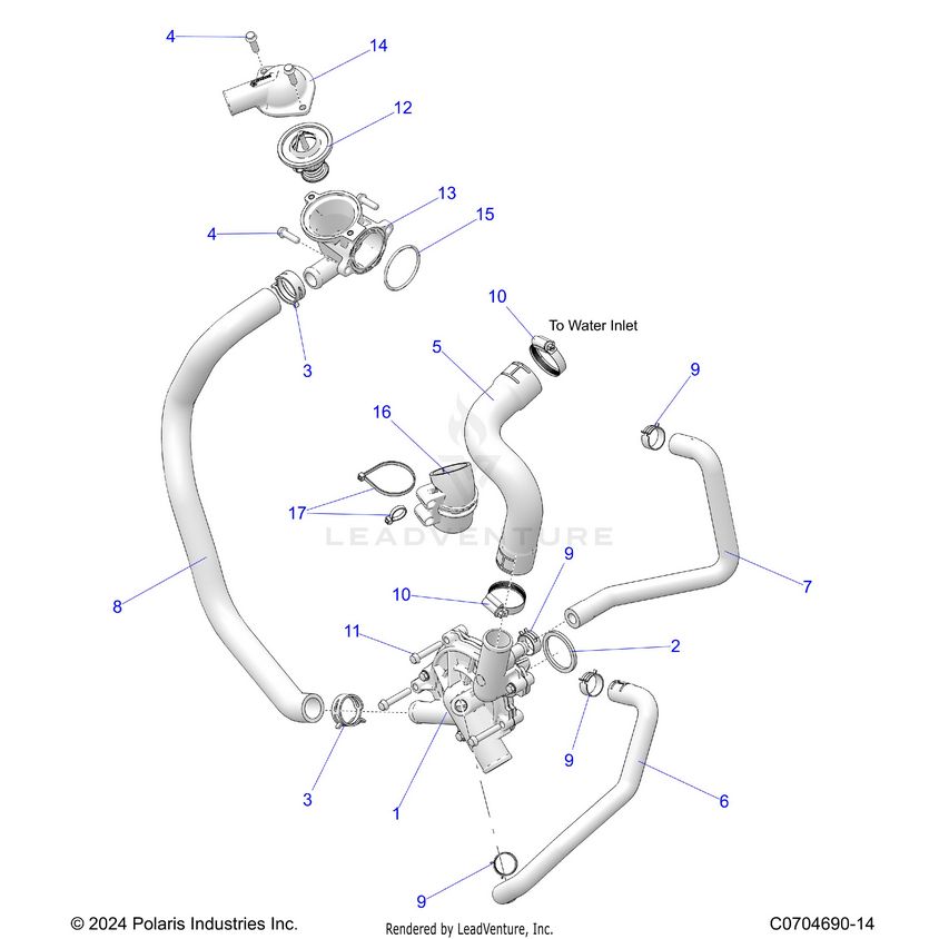 An Image of a Genuine Polaris Parts Schematic Diagram showing the schematic - ENGINE: WATERPUMP AND BYPASS - 2024 POLARIS XPEDITION XP5 ULTIMATE