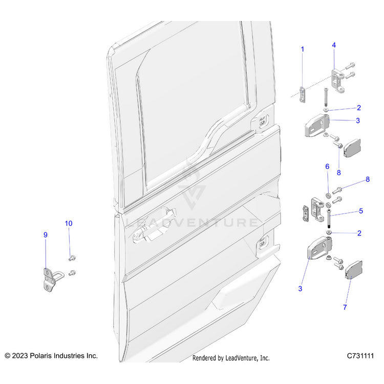 An Image of a Genuine Polaris Parts Schematic Diagram showing the schematic - BODY: DOOR MOUNTING REAR - 2024 POLARIS RANGER XD 1500 NORTHSTAR ULTIMATE CREW
