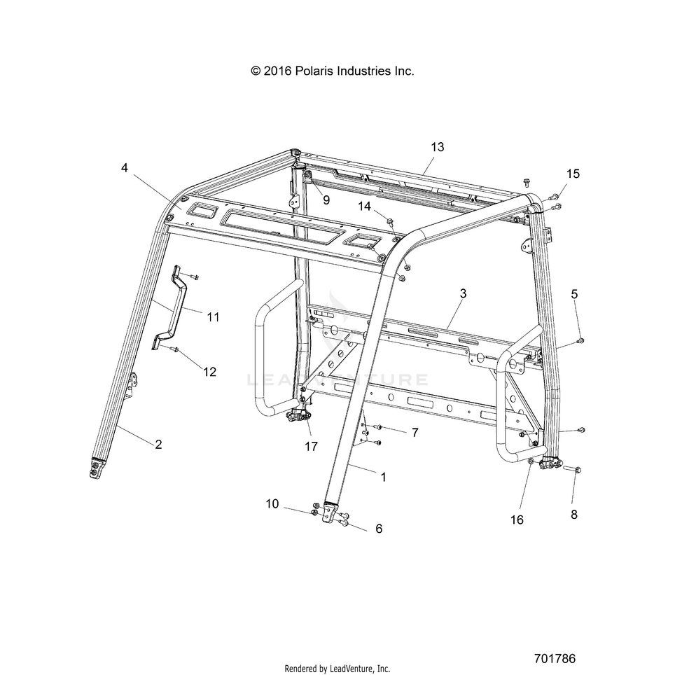 An Image of a Genuine Polaris Parts Schematic Diagram showing the schematic - CHASSIS: CAB FRAME - 2017 POLARIS RANGER 500 2WD HDPE