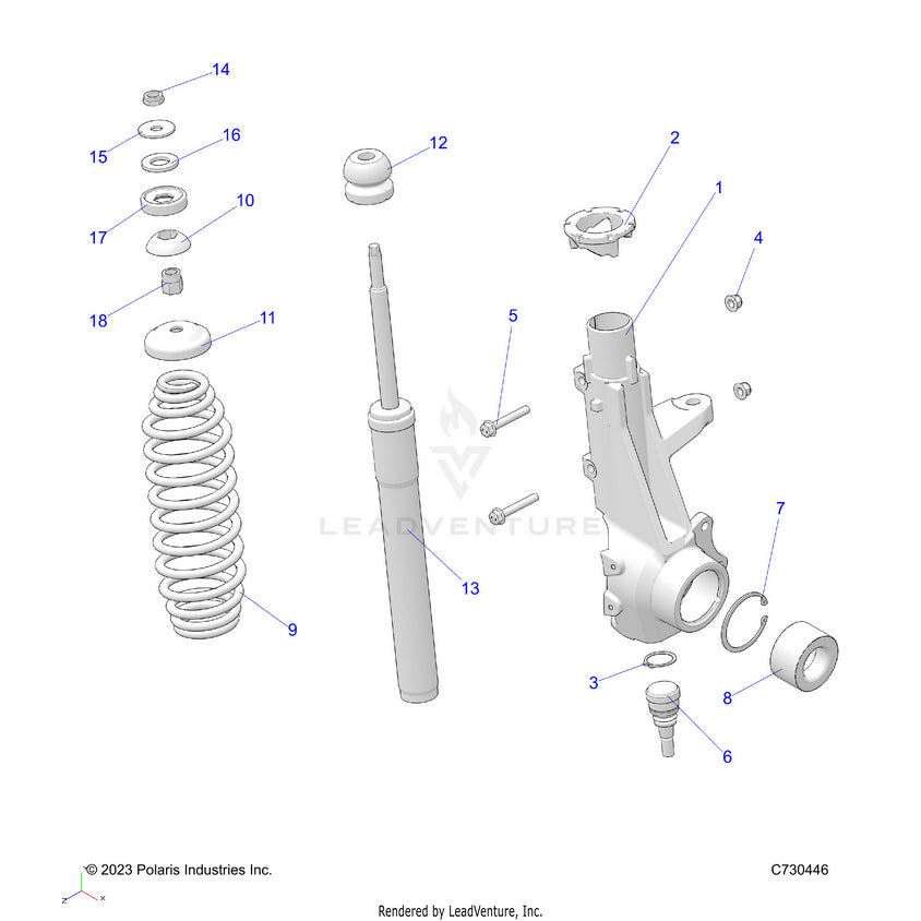 An Image of a Genuine Polaris Parts Schematic Diagram showing the schematic - SUSPENSION: FRONT STRUT - 2023 POLARIS RANGER 570 / PREMIUM