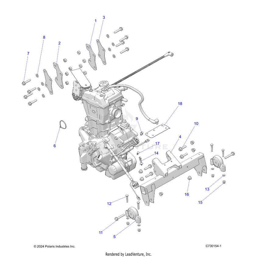 An Image of a Genuine Polaris Parts Schematic Diagram showing the schematic - ENGINE: TRANSMISSION MOUNTING & LONG BLOCK - 2025 POLARIS RANGER 570