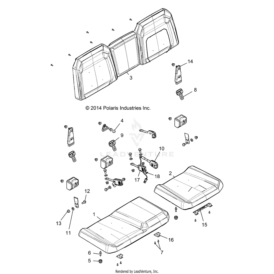 An Image of a Genuine Polaris Parts Schematic Diagram showing the schematic - BODY: SEAT - 2015 POLARIS RANGER 900 XP