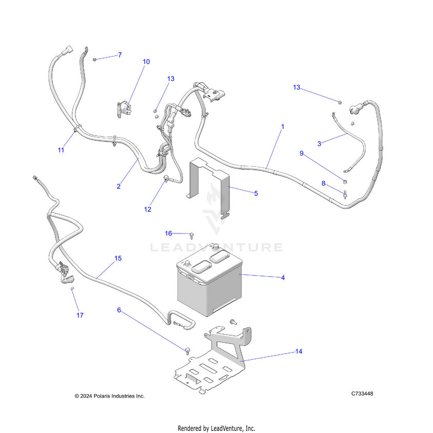 An Image of a Genuine Polaris Parts Schematic Diagram showing the schematic - ELECTRICAL: BATTERY - 2025 POLARIS RANGER 1000 XP CREW NORTHSTAR PREMIUM TIP OUT WINDSHIELD